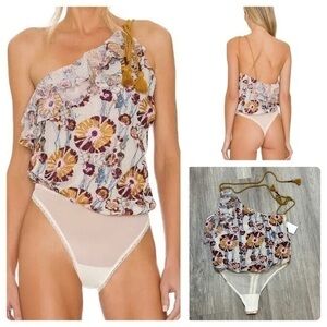 FREE PEOPLE Day Date boho ruffle frill off shoulder floral embroidered bodysuit